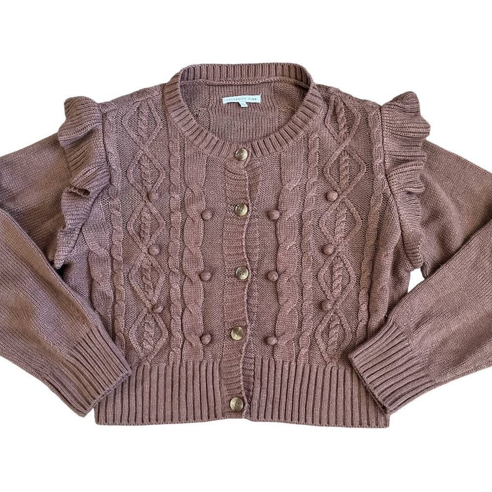 Brown Celebrity Pink Ruffled Knit Cropped Cardigan - Size Large